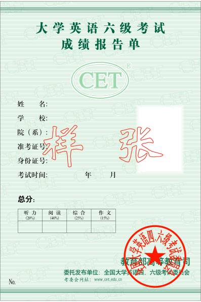 大学英语六级证书样本